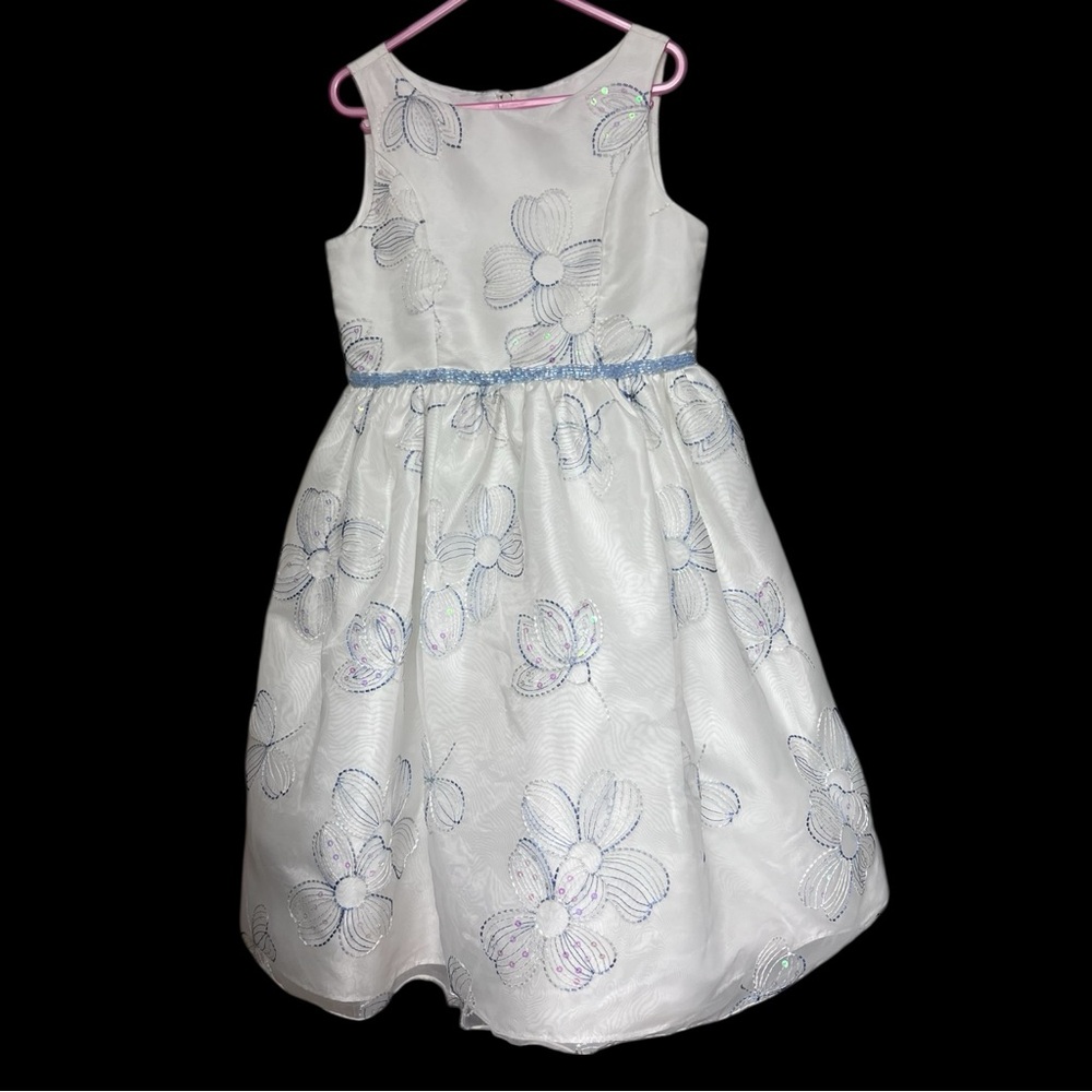 Charming White Floral Girls Dress with Blue Accents